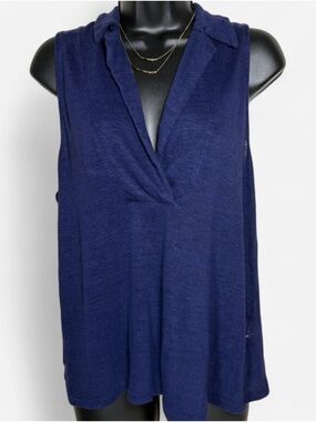 Banana Republic Navy Sleeveless Collared V-Neck 100% Linen Tank